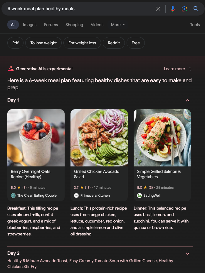 ai overviews 6 week meal plan example google sge