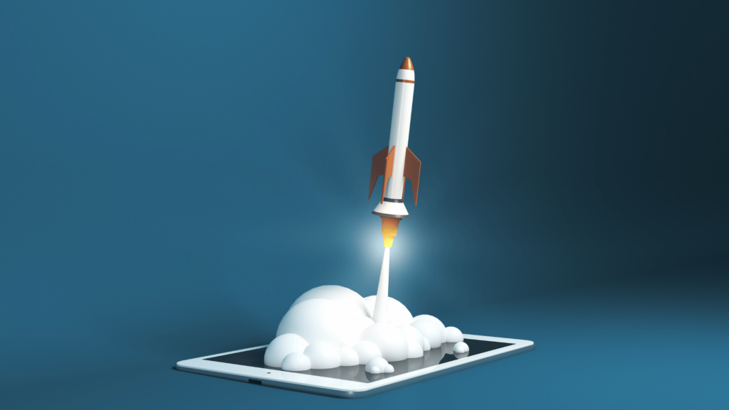 rocket ship blasting off from an ipad representing startegy for startups