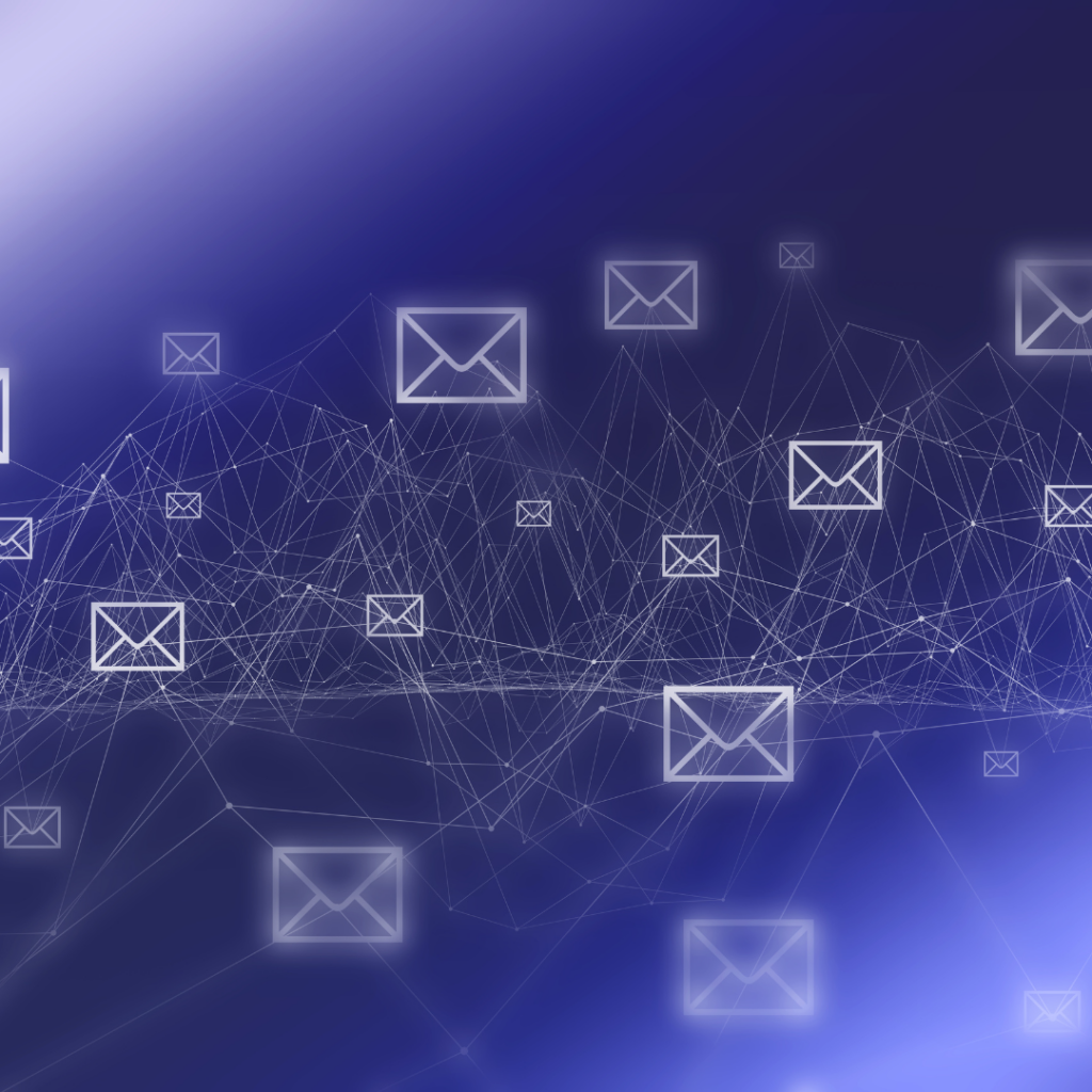 envelopes floating on a purple digital background representing emails