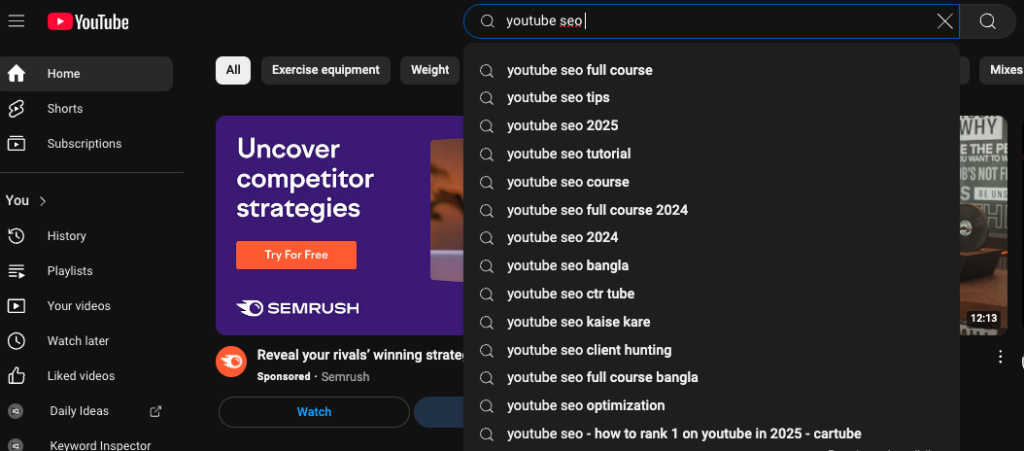 YouTube Search Bar Keyword Suggestions